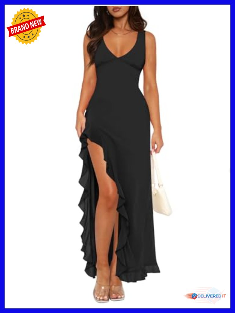 V Neck Mesh Ruffles Hem High Slit Bodycon Maxi Dress For Formal Wedding Guest